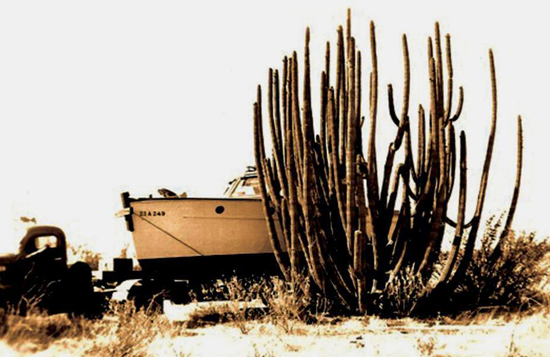 Byrd Lee Minter's boat next to a saguaro cactus.