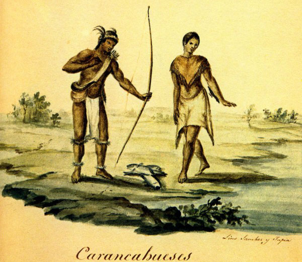 Painting of a Karankawa man and woman. The man is holding a bow and arrow.