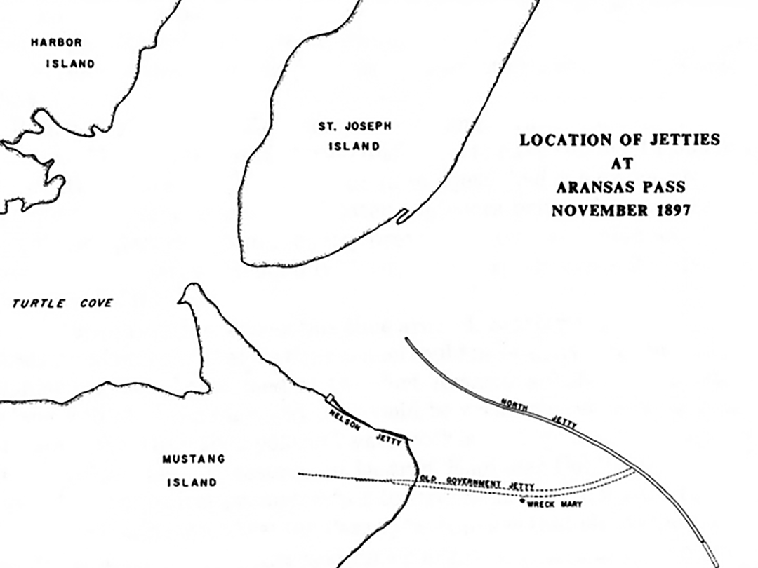Line drawing map showing location of jetties in 1897.