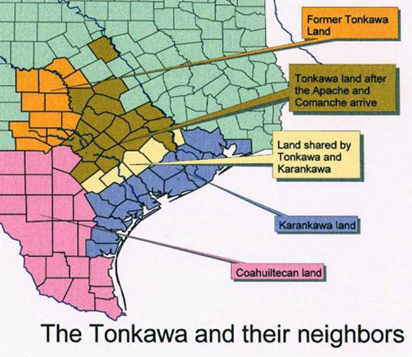 Map of Texas showing where the Tonkawa lived.