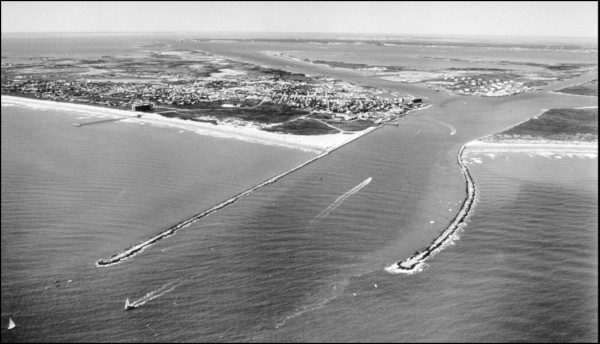 Aerial view of jetties and ship channel