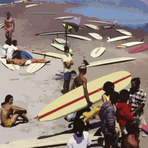 Illustration of people with long boards on the beach