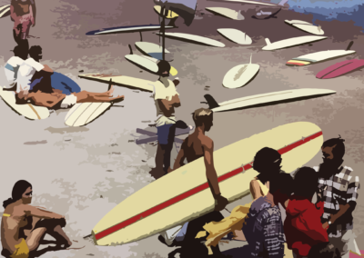 Illustration of people with long boards on the beach