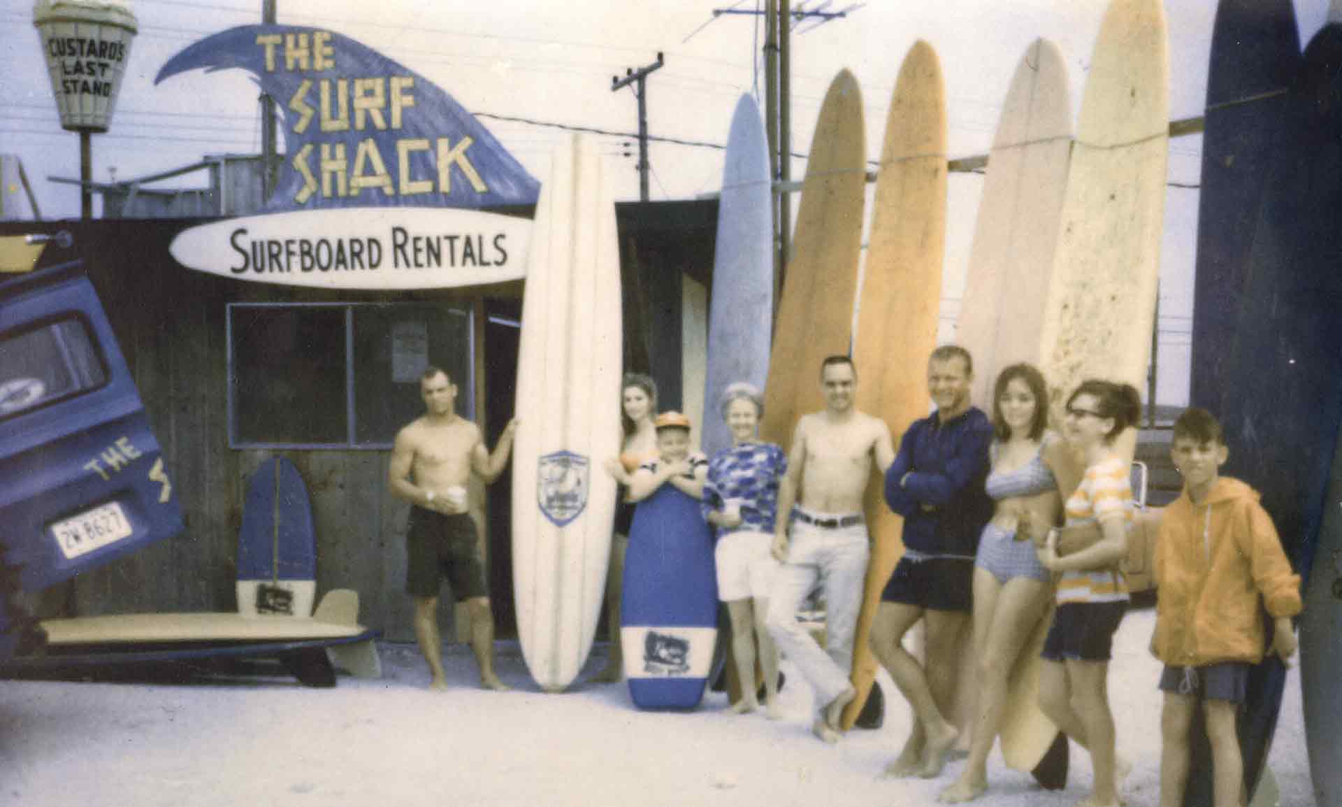 Old photo of surfers with long boards